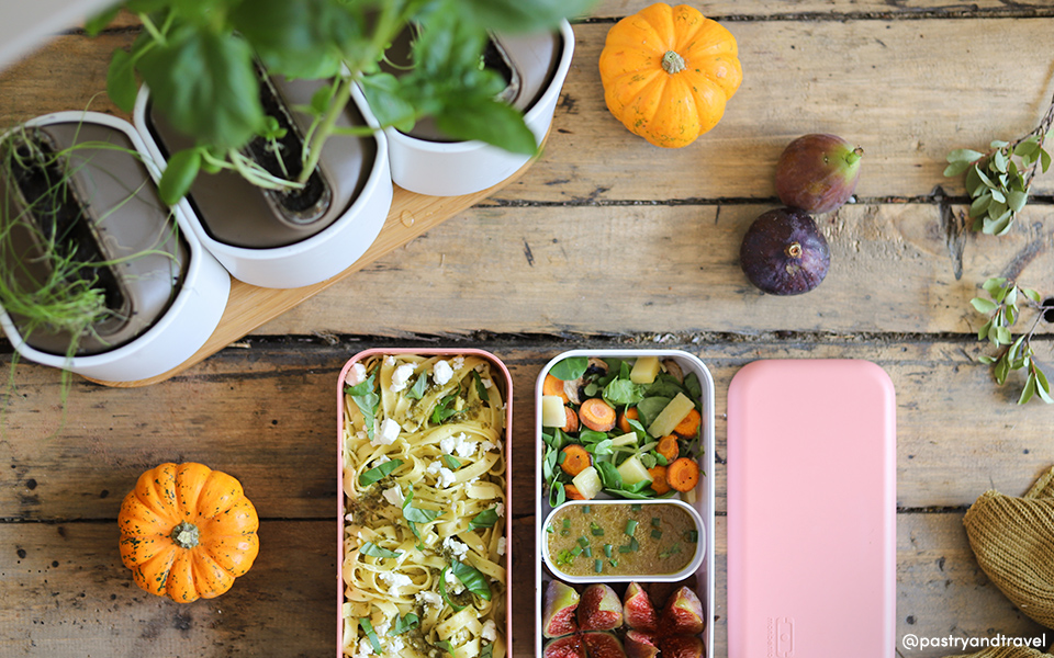 Pesto pasta and small seasonal salad