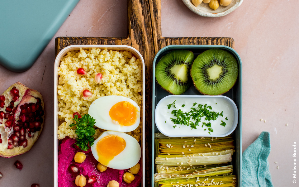 Roasted leek, beet hummus, millet and soft-boiled egg