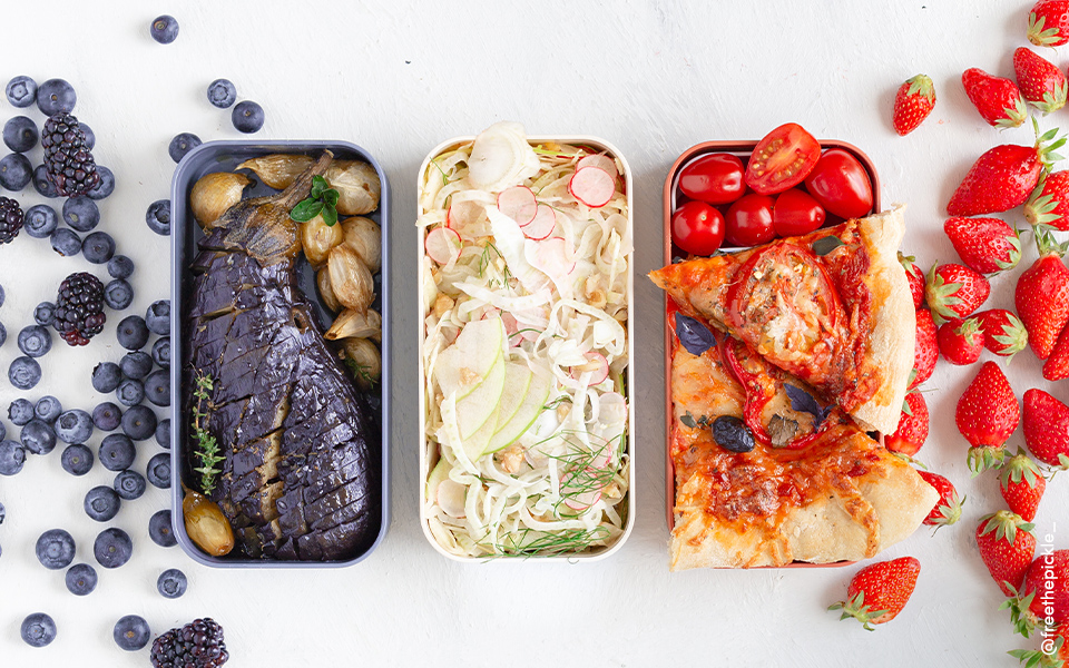 Pizza, garlic oven-roasted eggplant and fennel salad